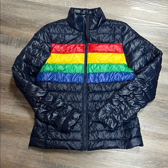 Primary Unisex Puffer Jacket - Navy with Rainbow Stripes - Picture 5 of 6